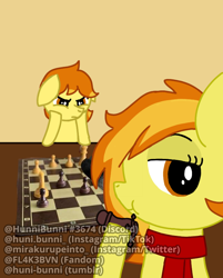 Size: 640x796 | Tagged: safe, spitfire, oc, oc:solar flare, pegasus, pony, g4, chess, chess piece, chessboard, duo, female, filly, foal, gaming, meme, photo, ponified meme, teenager, younger