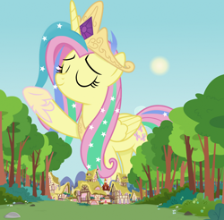Size: 1280x1262 | Tagged: safe, artist:anime-equestria, artist:boneswolbach, edit, editor:jaredking779, fluttershy, alicorn, pony, g4, alicornified, alternate hairstyle, cosplay, costume, crown, eyes closed, female, fluttercorn, folded wings, giant pony, giantess, giantshy, hoof shoes, jewelry, macro, mare, ponyville, race swap, regalia, shylestia, smiling, solo, wings