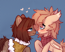 Size: 2500x2000 | Tagged: safe, artist:shelti, oc, oc only, oc:owl, pony, clothes, colored pupils, commission, duo, heart, high res, looking at each other, looking at someone, signature, standing