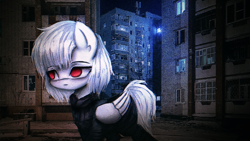 Size: 1280x720 | Tagged: safe, artist:menalia, oc, oc only, oc:rimo, pegasus, pony, albino, building, city, clothes, female, folded wings, irl, jacket, lighting, looking at something, looking away, mare, night, outdoors, pants, photo, ponies in real life, red eyes, scarf, skyscraper, solo, street, uptown, walking, window, wings