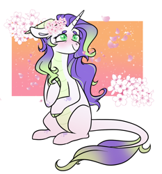 Size: 1272x1364 | Tagged: safe, artist:void-sommar, oc, oc only, dracony, hybrid, pony, blushing, cute, female, flower, flower in hair, heart, heart eyes, interspecies offspring, offspring, parent:rarity, parent:spike, parents:sparity, passepartout, smiling, solo, wingding eyes