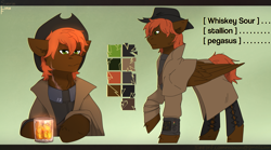 Size: 2700x1500 | Tagged: safe, artist:sinrinf, oc, oc:whiskey sour, pegasus, pony, fallout equestria, alcohol, clothes, coat, commission, cowboy hat, hat, pipbuck, reference sheet, solo, whiskey, ych result