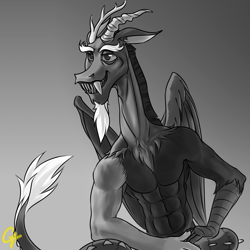 Size: 3000x3000 | Tagged: safe, artist:ctamina, discord, draconequus, g4, abs, eyebrows, folded wings, gigachad, gradient background, grin, high res, male, meme, mismatched wings, monochrome, muscles, signature, sitting, smiling, solo, wings