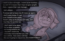 Size: 1119x703 | Tagged: safe, anonymous artist, sunny starscout, earth pony, pony, series:anorexic sunny, g5, anorexia, anxiety, bed, crying, dialogue, emaciated, female, floppy ears, hospital bed, indoors, limited palette, lying down, mare, shaking, skinny, solo, starvation, teary eyes, thin