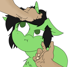 Size: 2480x2360 | Tagged: safe, artist:ponny, oc, oc only, oc:filly anon, human, pony, unicorn, female, filly, hand, high res, human on pony petting, offscreen character, offscreen human, petting, pouting, scrunchy face, simple background, stroking, white background