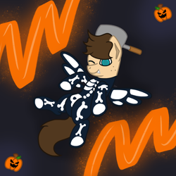 Size: 1000x1000 | Tagged: safe, artist:imlpidimon, oc, oc only, oc:dimon, pegasus, pony, clothes, costume, dark background, digital art, halloween, holiday, jack-o-lantern, pumpkin, signature, skeleton costume, solo