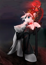 Size: 3508x4961 | Tagged: safe, artist:nergo, alicorn, pony, blue eyes, bowtie, clothes, red glow, staff, thunderstorm, white