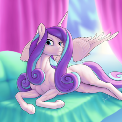 Size: 1500x1500 | Tagged: safe, artist:arareroll, princess flurry heart, alicorn, pony, g4, adult blank flank, blank flank, couch, female, fit, looking at you, lying down, mare, muscles, older, older flurry heart, partially open wings, prone, signature, slender, solo, thin, wings