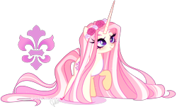 Size: 2422x1467 | Tagged: safe, artist:gihhbloonde, oc, pony, unicorn, female, floral head wreath, flower, long hair, long mane, long tail, looking up, magical lesbian spawn, mare, offspring, pale belly, parent:fleur-de-lis, parent:fluttershy, raised hoof, simple background, smiling, solo, sparkly mane, sparkly tail, standing, tail, transparent background, white belly