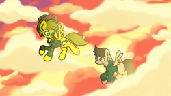 Size: 1920x1080 | Tagged: safe, artist:imlpidimon, oc, oc:dimon, pegasus, pony, clothes, cloud, digital art, dog tags, flying, hoodie, signature, sky