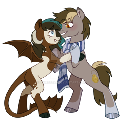 Size: 1280x1280 | Tagged: safe, artist:lynesssan, oc, oc only, bat pony, earth pony, pony, clothes, deviantart watermark, female, male, mare, obtrusive watermark, scarf, simple background, stallion, striped scarf, transparent background, watermark