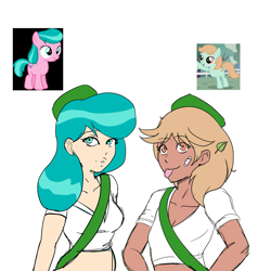 Size: 1521x1600 | Tagged: safe, artist:annon, aquamarine, peach fuzz, human, g4, badge sash, cap, hat, humanized, scout, scout uniform, simple background, smiling, tongue out, white background