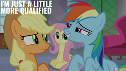 Size: 2000x1125 | Tagged: safe, edit, edited screencap, editor:quoterific, screencap, applejack, fluttershy, rainbow dash, earth pony, pegasus, pony, g4, non-compete clause, female, mare, school of friendship, trio, trio female