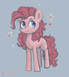 Size: 1200x1350 | Tagged: safe, artist:krista-21, pinkie pie, earth pony, pony, g4, female, looking away, looking sideways, mare, simple background, smiling, solo, sparkles, standing, three quarter view