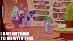 Size: 1920x1080 | Tagged: safe, edit, edited screencap, editor:quoterific, screencap, cheerilee, spike, twilight sparkle, dragon, earth pony, pony, unicorn, g4, the show stoppers, female, golden oaks library, male, mare, unicorn twilight