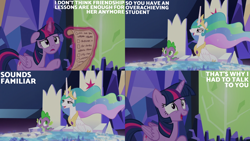 Size: 2000x1125 | Tagged: safe, edit, edited screencap, editor:quoterific, screencap, princess celestia, spike, twilight sparkle, alicorn, dragon, pony, celestial advice, g4, cutie map, female, floppy ears, male, mare, scroll, twilight sparkle (alicorn), twilight's castle