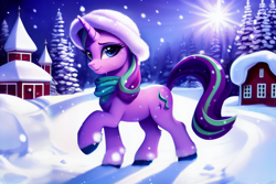 Size: 2304x1536 | Tagged: safe, ai assisted, ai content, generator:pony soup v2, generator:stable diffusion, prompter:siber, starlight glimmer, pony, unicorn, g4, beautiful, clothes, cute, female, glimmerbetes, hat, house, looking at you, mare, pine tree, raised hoof, scarf, scenery, smiling, smiling at you, snow, snowfall, solo, sun, tree, walking, winter