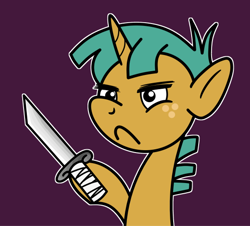 Size: 540x489 | Tagged: safe, artist:ewoudcponies, snails, pony, unicorn, g4, colt, dexterous hooves, foal, freckles, frown, knife, male, purple background, simple background, solo