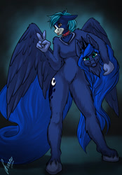 Size: 820x1180 | Tagged: safe, artist:stirren, princess luna, oc, oc:azulito, alicorn, anthro, unguligrade anthro, g4, clothes, collar, commission, cosplay, costume, disembodied head, fursuit, luna suit, lunasuit, peace sign, ponysuit, pose, spiked collar, spread wings, wings, ych result