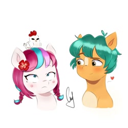 Size: 1080x1080 | Tagged: safe, artist:mango_moon190, hitch trailblazer, zipp storm, bird, chicken, earth pony, pegasus, pony, g5, alternate hairstyle, blushing, cute, duo, duo male and female, female, flower, heart, looking at someone, male, mare, pucca, ship:stormblazer, shipping, simple background, smiling, stallion, straight, white background