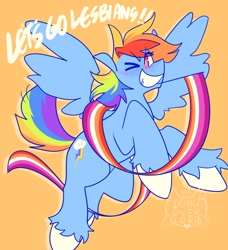 Size: 862x945 | Tagged: safe, artist:makanioverlord, rainbow dash, pegasus, pony, g4, female, grin, lesbian, lesbian pride flag, one eye closed, pride, pride flag, smiling, solo, wink