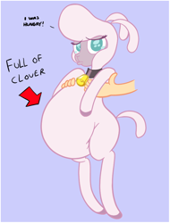 Size: 694x914 | Tagged: safe, artist:duragan, derpibooru exclusive, pom (tfh), lamb, sheep, them's fightin' herds, arrow, belly, big belly, community related, cute, disembodied hand, duckface, food baby, full of pilk, hand, holding, holding a sheep, implied stuffing, not pregnant, puppy dog eyes, solo focus, stuffed, stuffed belly, talking to viewer, thin