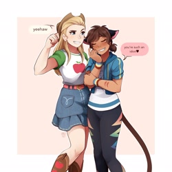 Size: 2048x2048 | Tagged: safe, artist:applesartt, applejack, rainbow dash, human, g4, adora, catra, clothes, clothes swap, cosplay, costume, crossover, dark skin, duo, duo female, female, high res, she-ra and the princesses of power