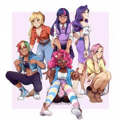 Size: 2048x2048 | Tagged: safe, artist:applesartt, applejack, fluttershy, pinkie pie, rainbow dash, rarity, twilight sparkle, human, g4, belly button, belly piercing, boots, clothes, converse, cravat, dark skin, female, flannel shirt, freckles, full body, glasses, high res, hoodie, humanized, light skin, looking at you, mane six, midriff, moderate dark skin, peace sign, piercing, shoes, shorts, shorts under skirt, simple background, skirt, sneakers, socks, sports bra, squatting, striped socks, sweater vest