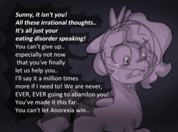 Size: 940x700 | Tagged: safe, anonymous artist, pipp petals, pegasus, pony, series:anorexic sunny, g5, anorexia, crying, dialogue, encouragement, female, floppy ears, folded wings, gritted teeth, implied sunny starscout, limited palette, mare, raised hoof, solo, teary eyes, teeth, wings