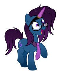 Size: 1068x1335 | Tagged: safe, artist:feather_bloom, oc, oc only, oc:cosmic dust(kaitykat), earth pony, pony, g4, base used, fake horn, glasses, gradient hooves, necktie, nonbinary, open mouth, raised hoof, simple background, solo, transparent background