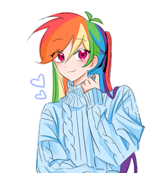 Size: 665x700 | Tagged: safe, artist:rainn__1026, rainbow dash, human, equestria girls, g4, :3, clothes, cute, dashabetes, eye clipping through hair, floating heart, heart, looking at you, simple background, smiling, solo, sweater, turtleneck, white background