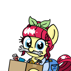 Size: 2048x2048 | Tagged: safe, artist:super-dead, torque wrench, earth pony, pony, g4, atorqueable, box, clothes, cute, female, high res, looking at you, mouth hold, simple background, solo, toolbox, white background