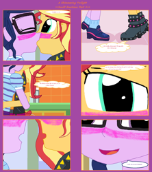 Size: 1808x2039 | Tagged: safe, artist:thomaszoey3000, sci-twi, sunset shimmer, twilight sparkle, human, comic:a shimmering twilight, equestria girls, equestria girls series, g4, blushing, clothes, female, kiss on the lips, kissing, lesbian, ship:sci-twishimmer, ship:sunsetsparkle, shipping, text