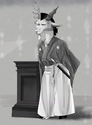 Size: 1203x1638 | Tagged: safe, artist:plusplus_pony, discord, draconequus, g4, clothes, grayscale, kimono (clothing), male, monochrome, ryoma sakamoto, sensei, solo, sword, teacher, weapon