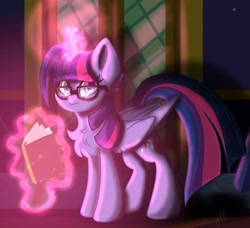 Size: 1804x1644 | Tagged: safe, artist:yourpennypal, twilight sparkle, alicorn, pony, g4, book, chest fluff, female, folded wings, glasses, glowing, glowing horn, horn, levitation, magic, magic aura, mare, solo, telekinesis, twilight sparkle (alicorn), twilight's castle, wings