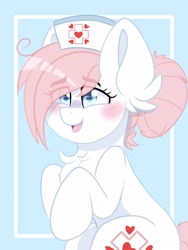 Size: 1200x1600 | Tagged: safe, artist:yourpennypal, nurse redheart, earth pony, pony, g4, blushing, chest fluff, cute, ear fluff, female, hair bun, hat, heartabetes, nurse hat, open mouth, open smile, smiling, solo