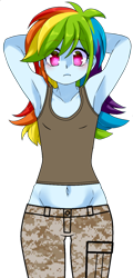 Size: 602x1253 | Tagged: safe, artist:edy_january, artist:zakro, edit, rainbow dash, human, equestria girls, g4, my little pony equestria girls: better together, 20% cooler, armpits, belly button, breasts, busty rainbow dash, camouflage, clothes, free to use, link in description, marine, marines, military uniform, sexy, simple background, small breasts, solo, tank top, tomboy, transparent background, uniform, united states, usmc, wide hips