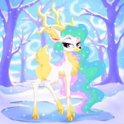 Size: 2500x2500 | Tagged: safe, artist:rurihal, part of a set, princess celestia, deer, reindeer, g4, antlers, butt, chest fluff, cloven hooves, colored belly, colored ear fluff, colored eyebrows, colored hooves, colored horns, colored pinnae, deerified, deerlestia, doe, ear fluff, female, gold hooves, high res, hooves, ice, lidded eyes, looking at you, looking back, looking back at you, plot, raised leg, reindeerified, scenery, snow, snowfall, solo, species swap, standing, sunbutt, tree, winter