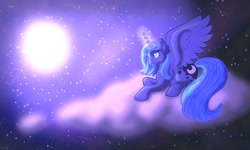 Size: 1500x900 | Tagged: safe, artist:yourpennypal, princess luna, alicorn, pony, g4, cloud, female, full moon, glowing, glowing horn, horn, lying down, moon, night, night sky, prone, s1 luna, shooting star, sky, solo