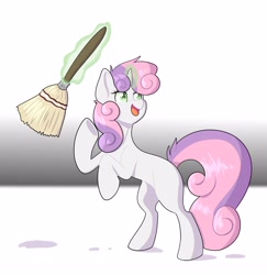 Size: 3616x3725 | Tagged: safe, artist:yourpennypal, sweetie belle, pony, unicorn, g4, blank flank, broom, female, glowing, glowing horn, high res, horn, levitation, magic, solo, telekinesis