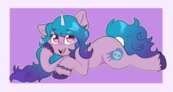 Size: 3159x1684 | Tagged: safe, artist:yourpennypal, izzy moonbow, pony, unicorn, g5, bracelet, colored hooves, female, friendship bracelet, high res, jewelry, looking at you, lying down, mare, open mouth, open smile, outline, passepartout, prone, smiling, smiling at you, solo, supporting head, unshorn fetlocks, white outline