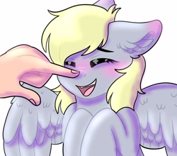 Size: 2500x2200 | Tagged: safe, artist:yourpennypal, derpy hooves, human, pegasus, pony, boop, cute, derpabetes, eyes closed, female, hand, laughing, offscreen character, open mouth, open smile, simple background, smiling, solo focus, white background