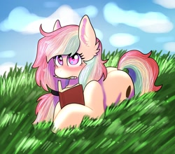 Size: 2500x2200 | Tagged: safe, artist:yourpennypal, oc, oc only, oc:doodle pen, earth pony, pony, blushing, book, ear fluff, earth pony oc, female, grass, high res, looking forward, lying down, mouth hold, pencil, prone, solo