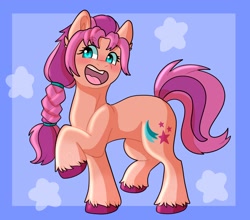Size: 2500x2200 | Tagged: safe, artist:yourpennypal, sunny starscout, earth pony, pony, g5, bean mouth, braid, braided ponytail, colored hooves, female, high res, mare, open mouth, open smile, passepartout, ponytail, raised hoof, raised leg, smiling, solo, standing, turned head, unshorn fetlocks