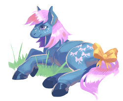 Size: 1200x987 | Tagged: safe, artist:futuredustfuturerust, bow tie (g1), earth pony, pony, g1, bow, female, grass, lying down, mare, simple background, solo, tail, tail bow, transparent background, underhoof