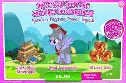 Size: 1958x1297 | Tagged: safe, gameloft, iron eagle, pegasus, pony, g4, my little pony: magic princess, advertisement, armor, bush, costs real money, english, female, helmet, introduction card, lucky coin, mare, mobile game, numbers, royal legion, sale, sarcophagus, shovel, solo, spread wings, statue, text, wings