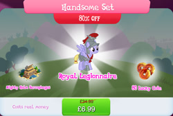 Size: 1268x857 | Tagged: safe, gameloft, iron eagle, pegasus, pony, g4, my little pony: magic princess, armor, bundle, bush, costs real money, english, female, helmet, mare, mobile game, numbers, royal legion, sale, sarcophagus, shovel, solo, spread wings, statue, text, wings