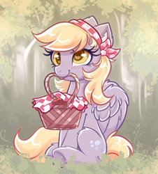 Size: 3073x3403 | Tagged: safe, artist:confetticakez, derpy hooves, pegasus, pony, g4, alternate hairstyle, bandana, basket, blushing, cottagecore, cute, derpabetes, drawn from memory, female, food, forest, grass, high res, mare, mouth hold, muffin, picnic, picnic basket, picnic blanket, sitting, solo, tree