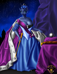Size: 6480x8448 | Tagged: safe, artist:tsaritsaluna, princess luna, alicorn, anthro, g4, alternate hairstyle, big breasts, breasts, busty princess luna, cape, catherine the great, cleavage, clothes, dress, female, fine art parody, jewelry, looking at you, mare, pillow, ponified, regalia, russia, scepter, solo