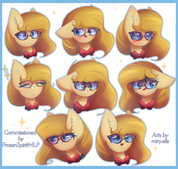 Size: 2100x2000 | Tagged: safe, artist:miryelis, pony, angry, big ears, blushing, bow, commission, crying, emoji, expressions, glasses, high res, long hair, piercing, shy, simple background, smiling, solo, sparkles, text, white background